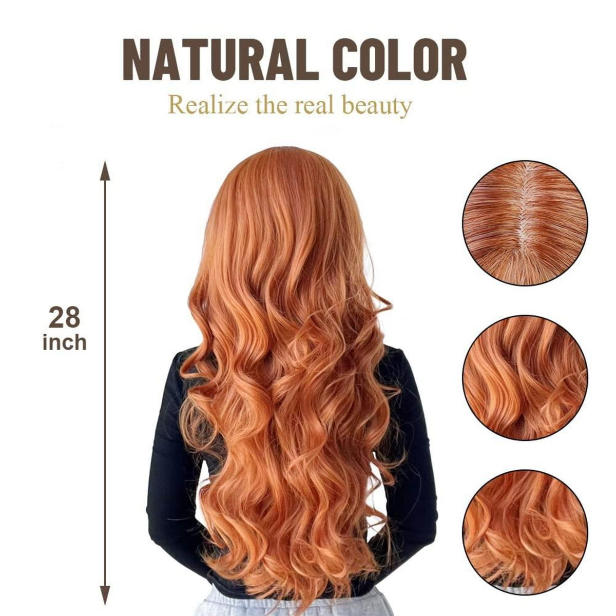 Lang Gewellt Orange Synthetische Perücke mit Pony für Frauen Hitzebeständig Halloween Cosplay - 28 Zoll