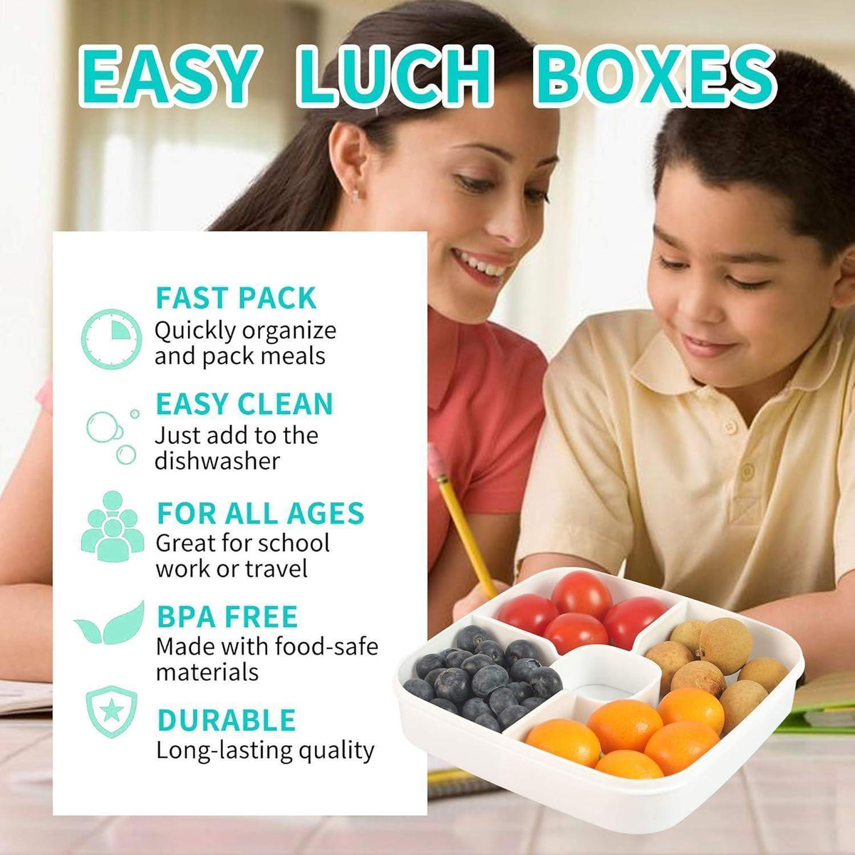 Lunchbox Bento Box 1500ml mit 3 Fächern & Gabel
