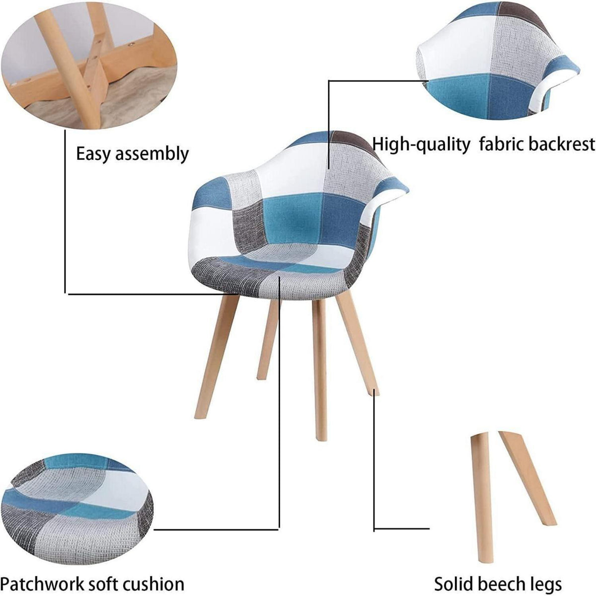 Patchwork Esszimmerstühle mit Armlehnen (Blau, 4er Set)