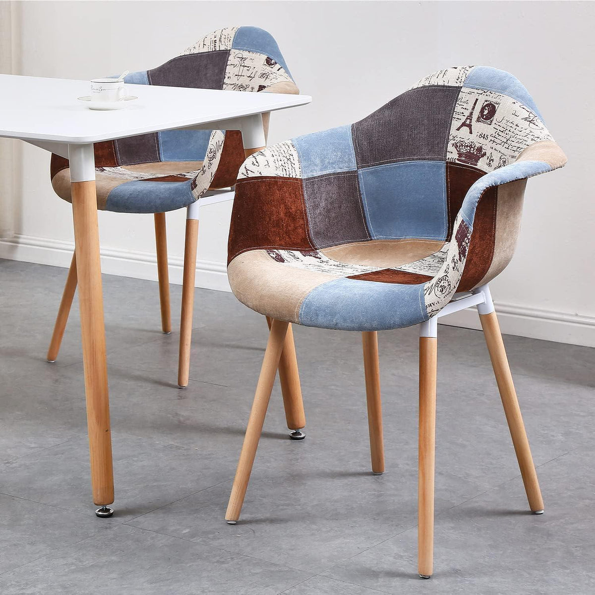 Patchwork Esszimmerstühle mit Armlehnen – 4er Set Buchenholz