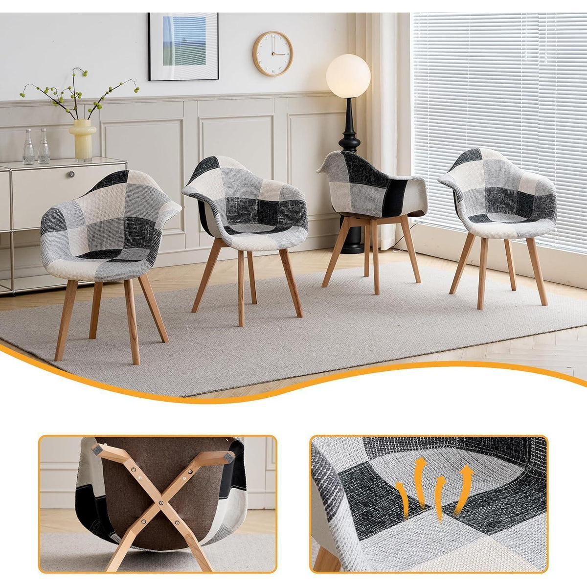 Patchwork Esszimmerstühle mit Armlehnen – 4er Set Schwarz Weiß Grau
