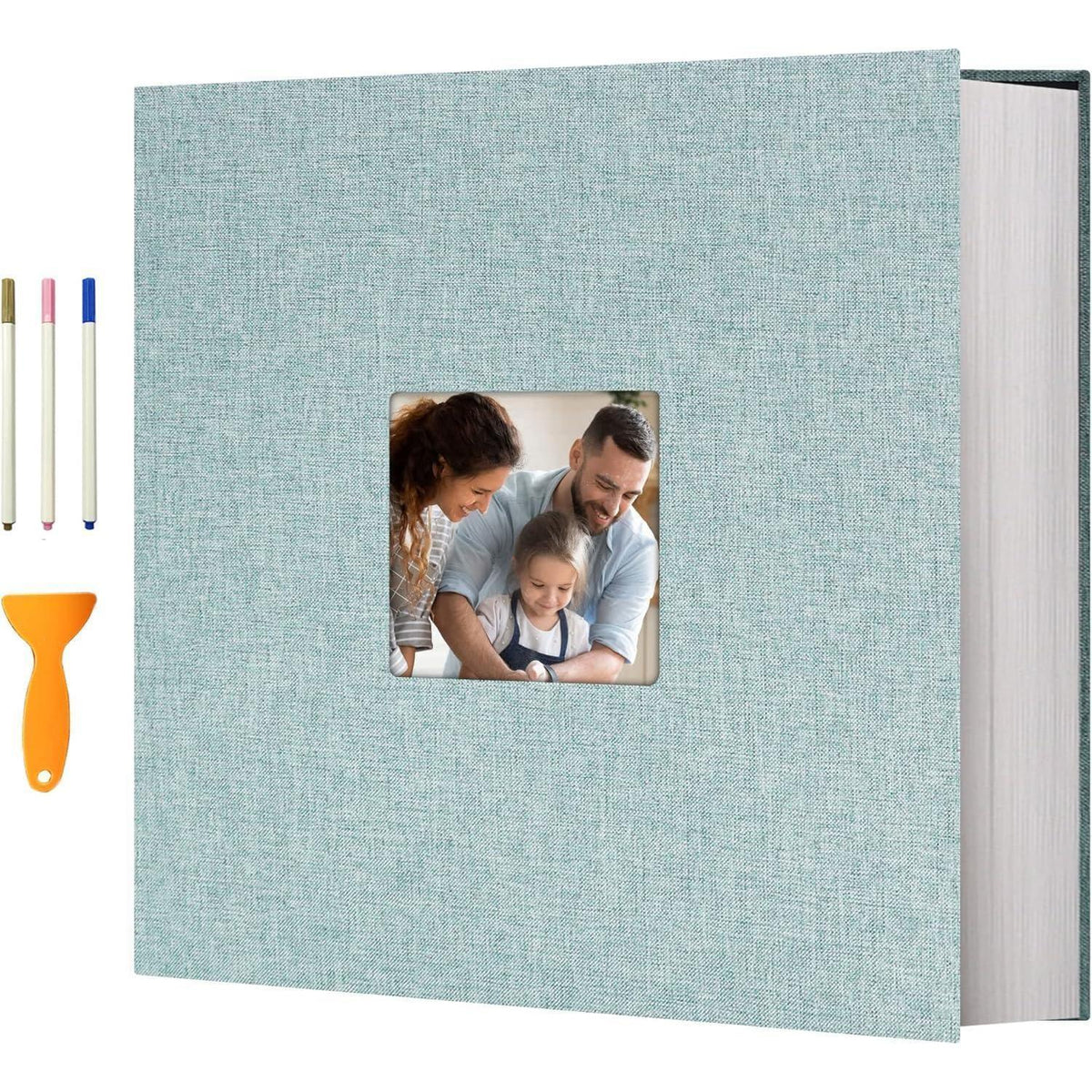 Selbstklebendes Fotoalbum Leinen Türkis 120 Seiten mit Stift