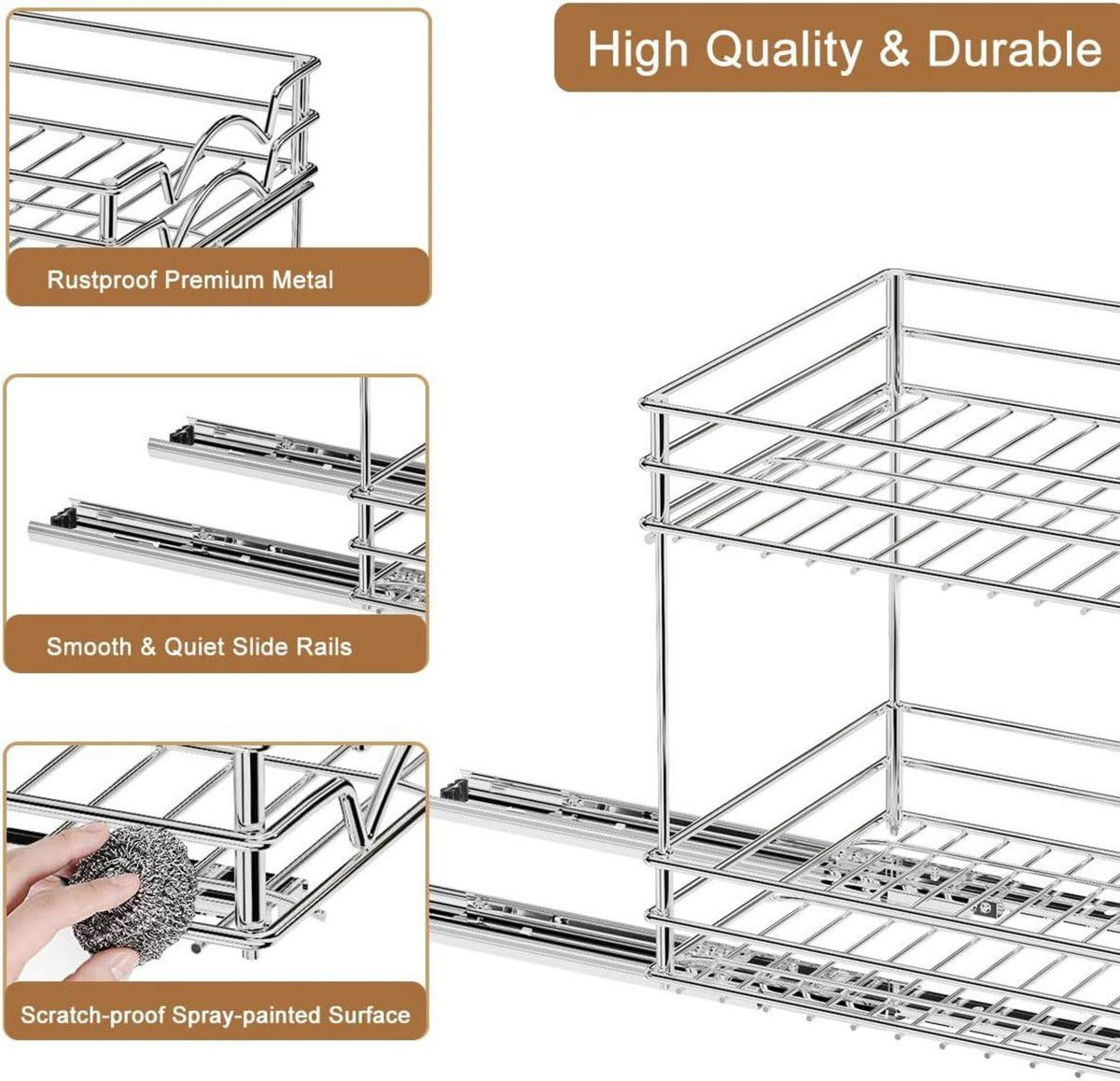 Ausziehbares Gewürzregal für Schrank, Metall Organizer 2 Tier - Chrom