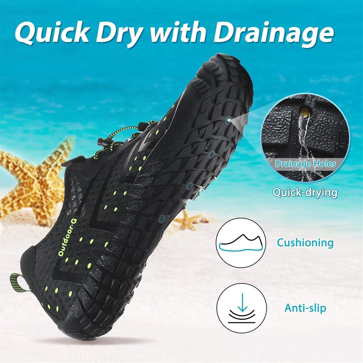 Aqua Schuhe Damen Herren Schnelltrocknend mit Drainagelöchern Schwarz