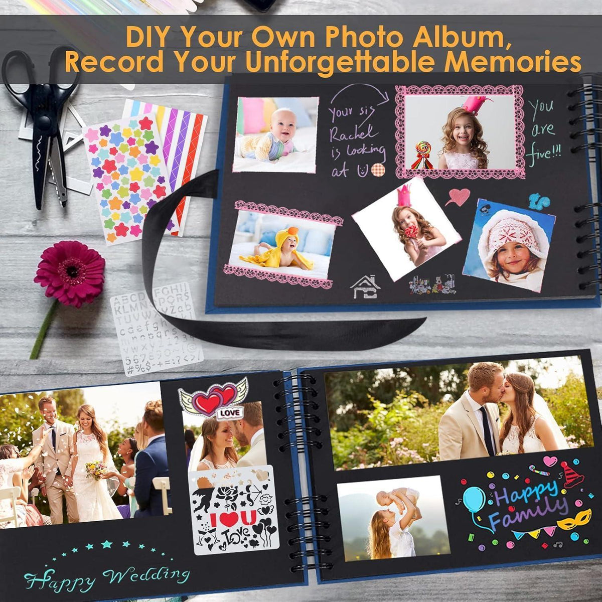 DIY Fotoalbum Scrapbook 80 Schwarze Seiten Blau Navy