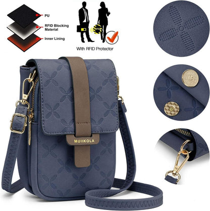 Handytasche Damen Leder RFID Umhängetasche Große Kapazität Blau