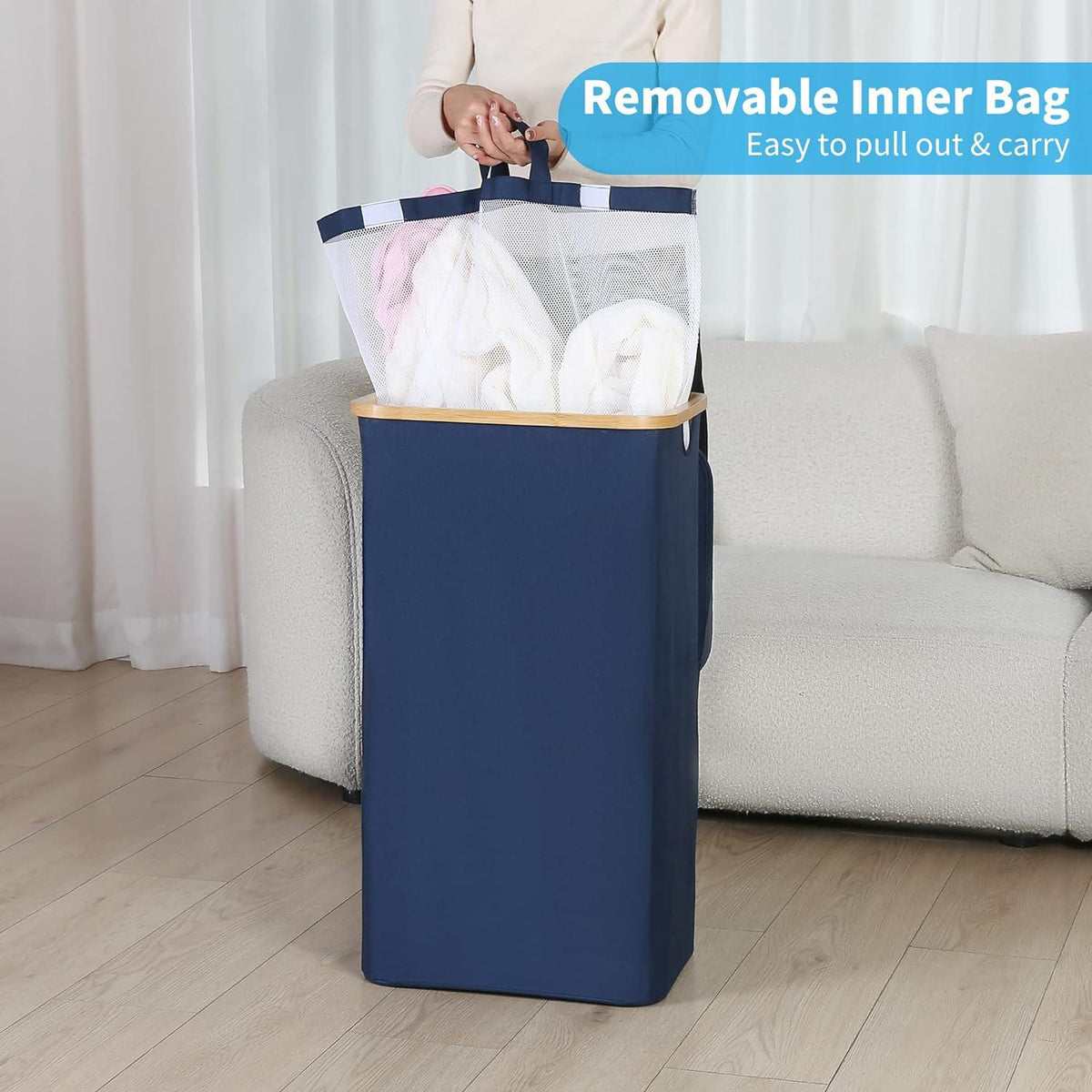 Wäschekorb Bambus 100L mit Deckel Henkel Tasche faltbar Blau