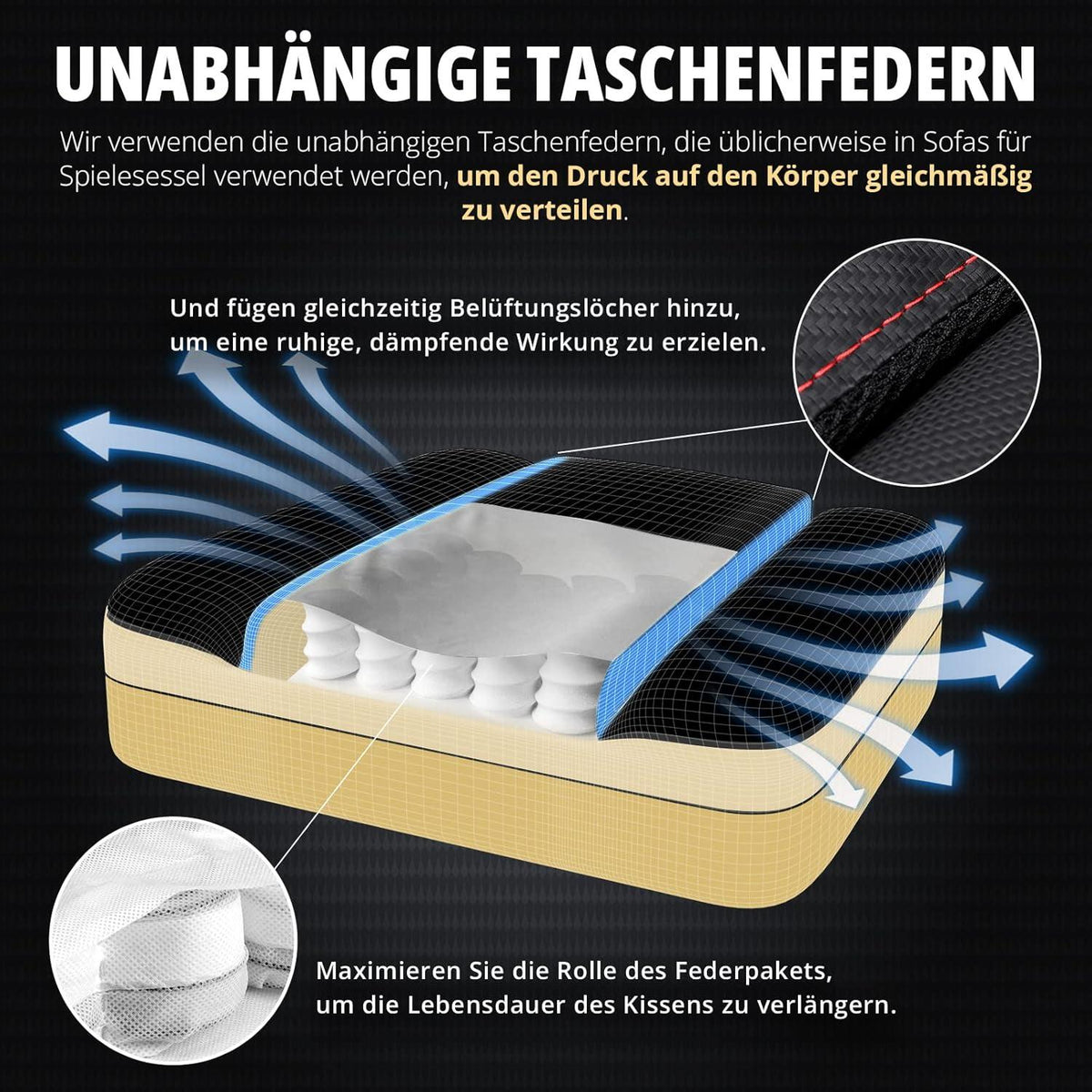 Dowinx Gaming Stuhl mit Frühling Kissen und Massage Lendenwirbelstütze, Schwarz