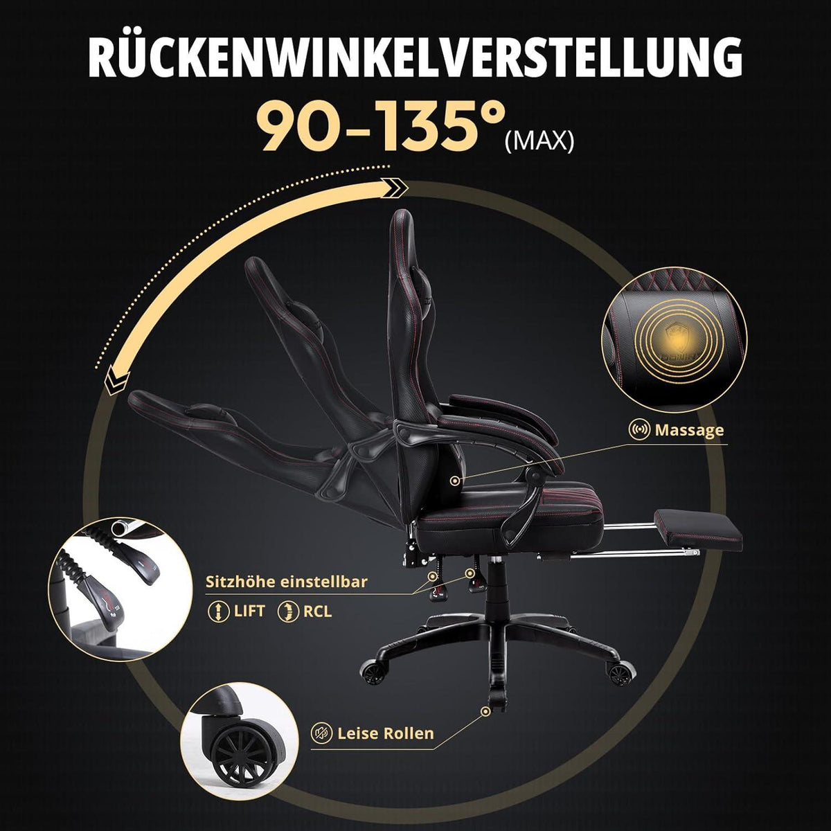 Dowinx Gaming Stuhl mit Massage Lendenwirbelstütze und Fußstütze, Schwarz