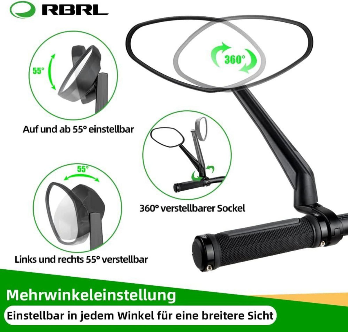 Fahrradspiegel 360° verstellbar Extra Große Spiegelfläche schlagfestes Echtglas