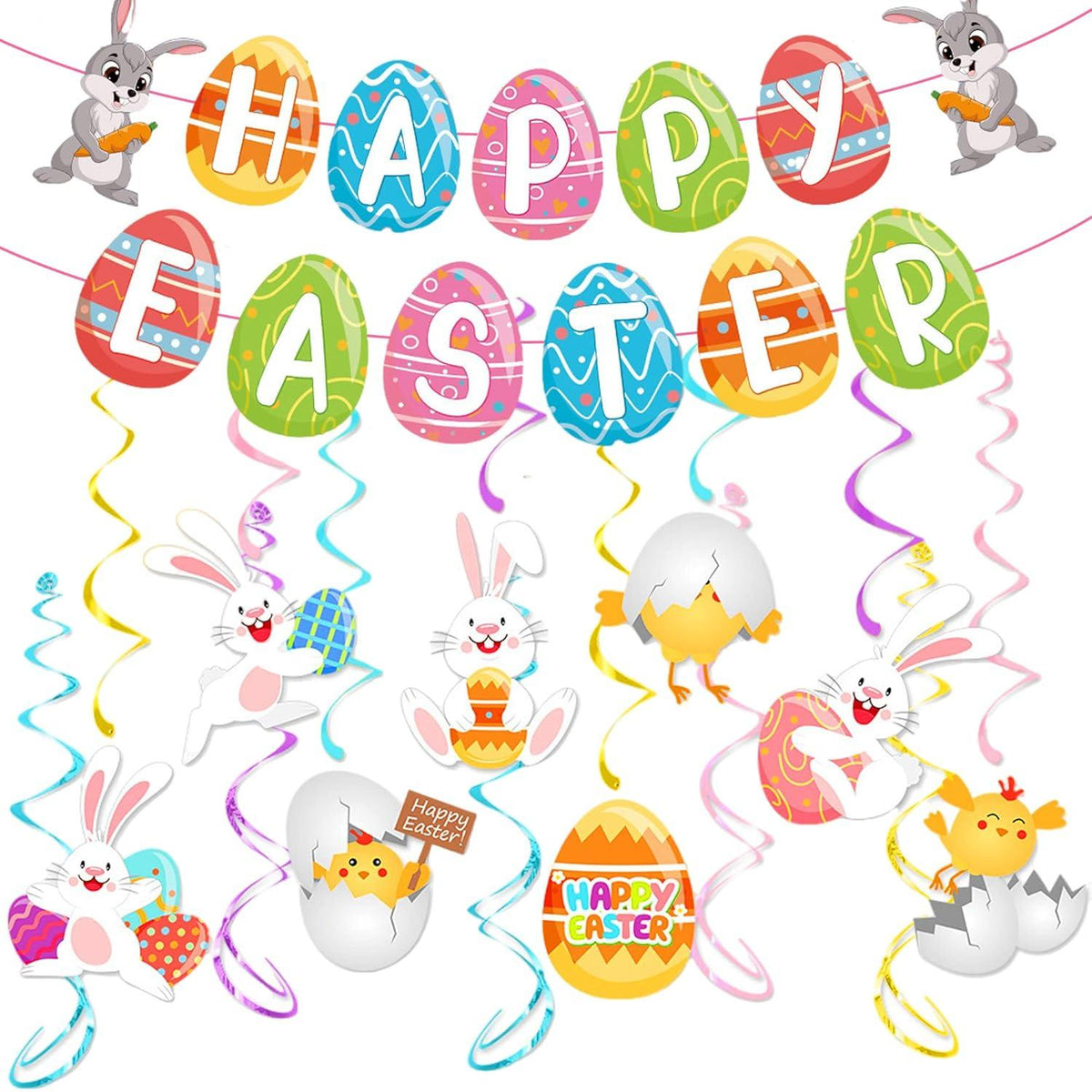 36Pcs Easter Hanging Banner Bunny Rabbit Egg Decor Kit