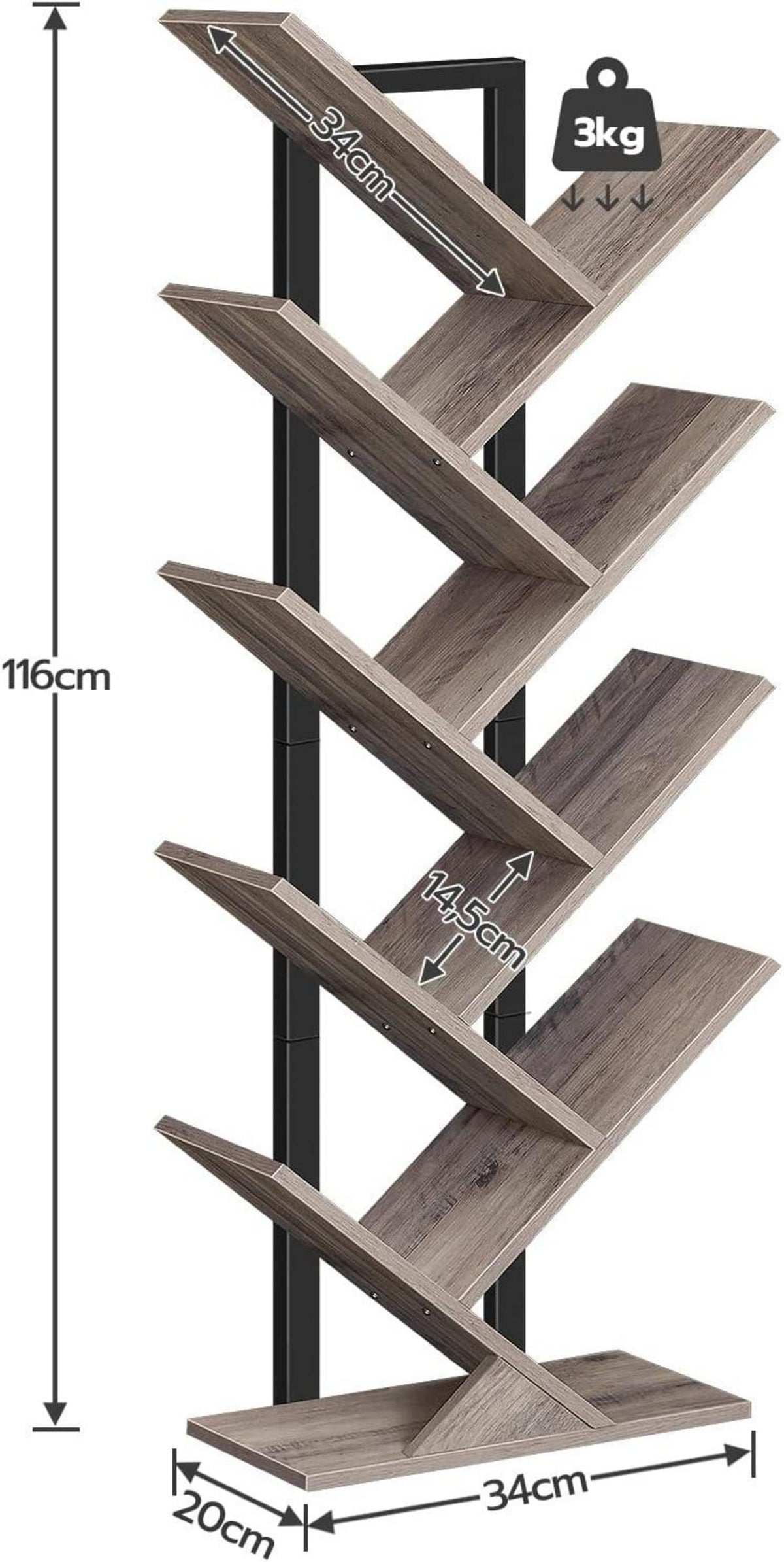 Bücherregal Baumform Holz Metallgestell 9 Ebenen 34x20x116 cm