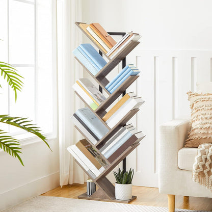 HOOBRO Bücherregal Baumform 9 Ebenen Metall Holzregal Greige/Schwarz 116 cm