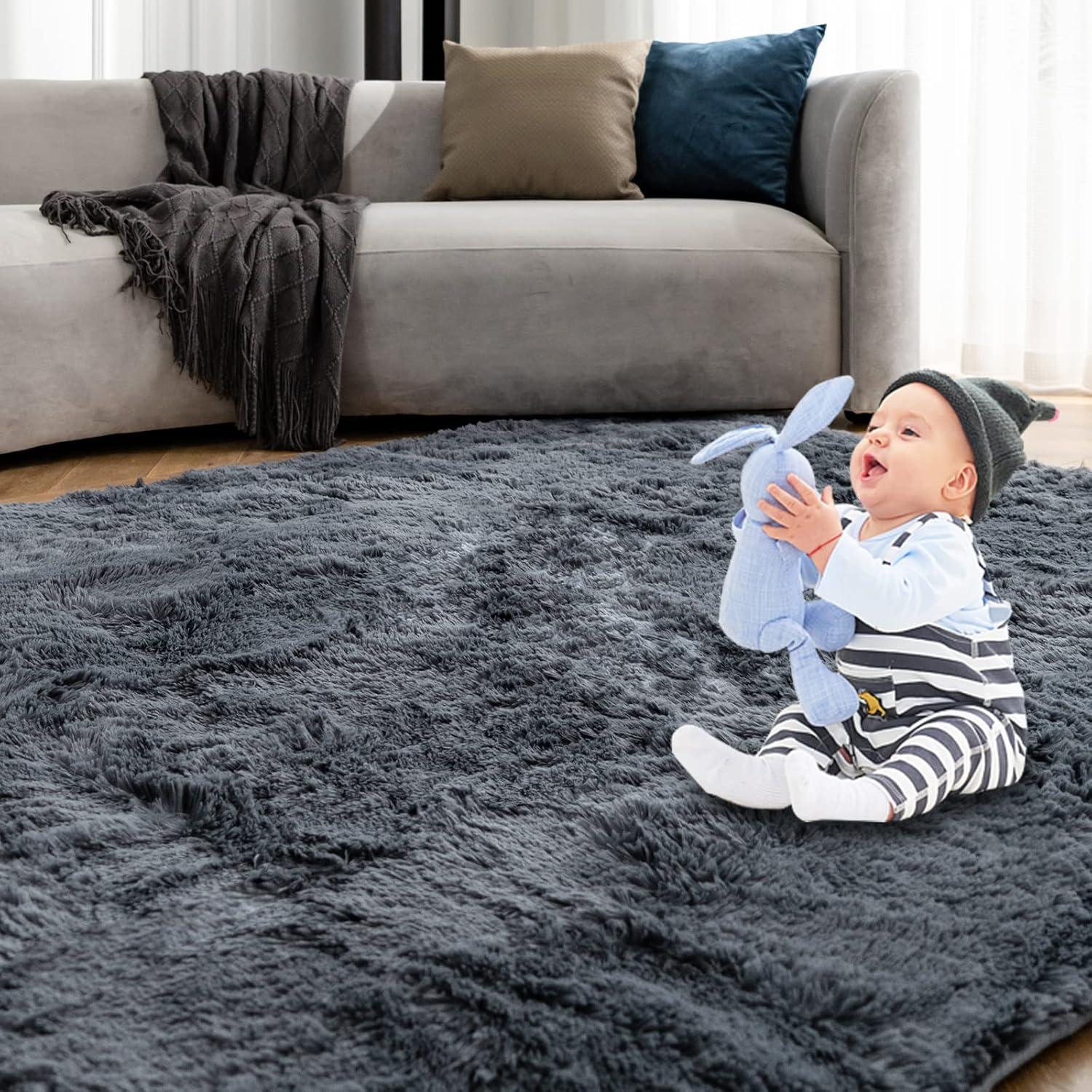 Hochflor Teppich Grau 90x150cm Shaggy Flauschiger Antirutsch Teppich