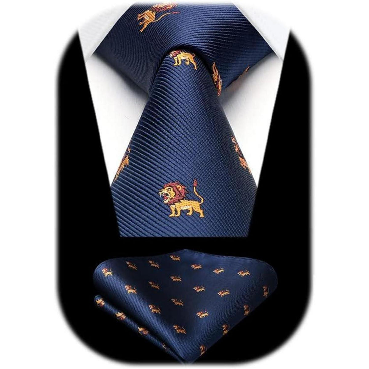Herren Krawatten Set mit Tiermuster und Einstecktuch, Navy Blau
