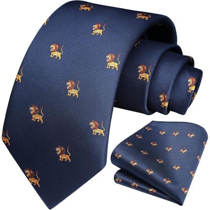 Herren Krawatten Set mit Tiermuster und Einstecktuch, Navy Blau