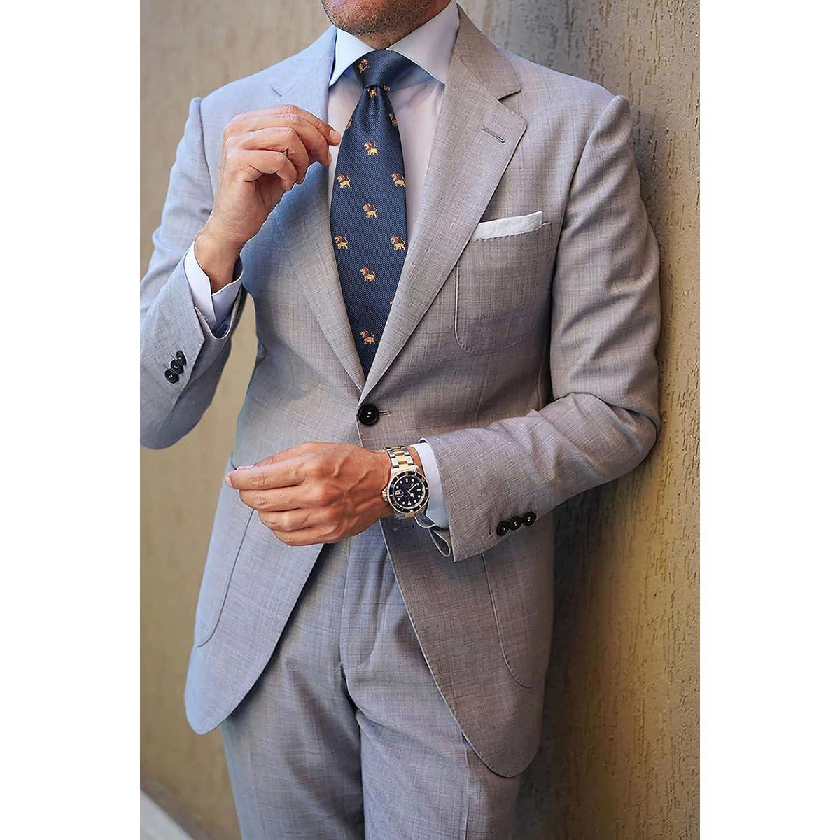 Herren Krawatten Set mit Tiermuster und Einstecktuch, Navy Blau