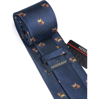Herren Krawatten Set mit Tiermuster und Einstecktuch, Navy Blau