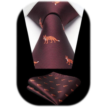 Krawatten-Set Herren mit Tiermuster, Einstecktuch, Business & Hochzeit, Burgund