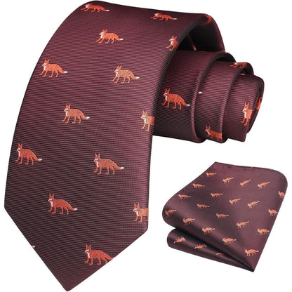 Krawatten-Set Herren mit Tiermuster, Einstecktuch, Business & Hochzeit, Burgund