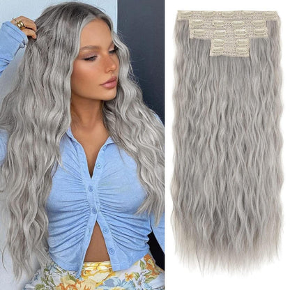 60cm lange Wellenhaarverlängerung mit Clips - Silber Grau