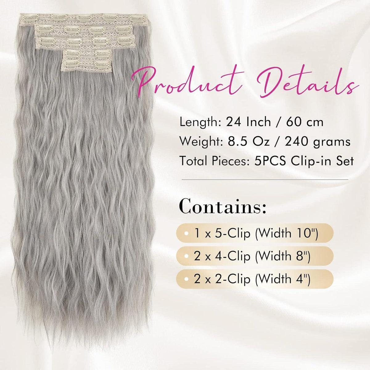 60cm lange Wellenhaarverlängerung mit Clips - Silber Grau