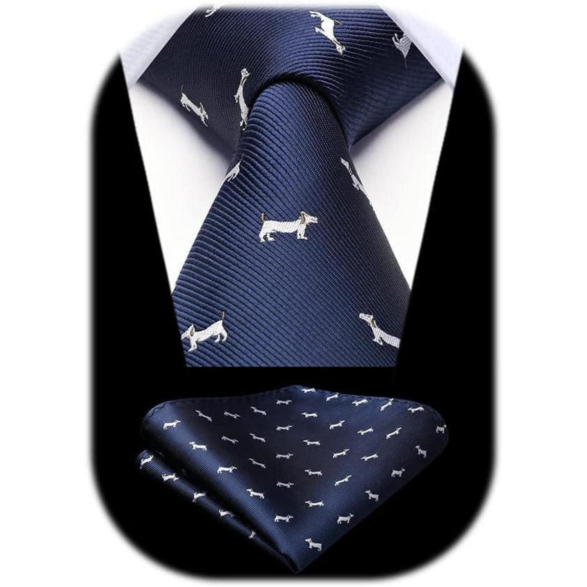 Herren Krawatten Set mit Einstecktuch, Hundemuster, Marineblau