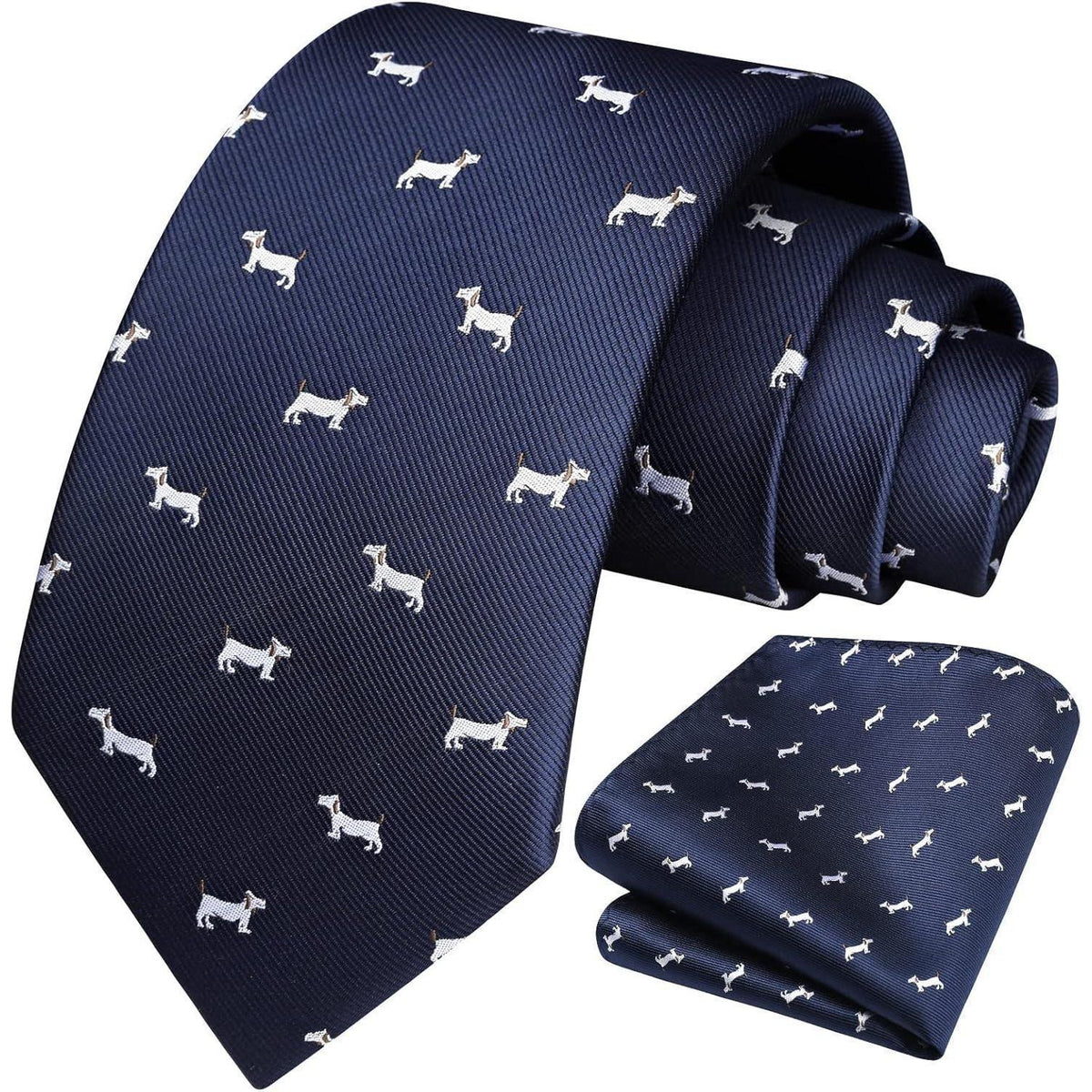 Herren Krawatten Set mit Einstecktuch, Hundemuster, Marineblau