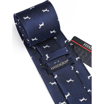 Herren Krawatten Set mit Einstecktuch, Hundemuster, Marineblau