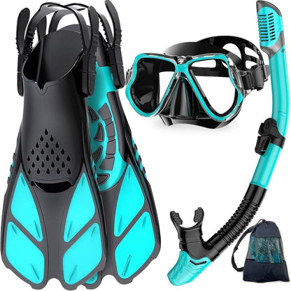 Schnorchelset Erwachsene mit Flossen, Panorama Maske, Dry Top Schnorchel, Schwarzgrün L-XL