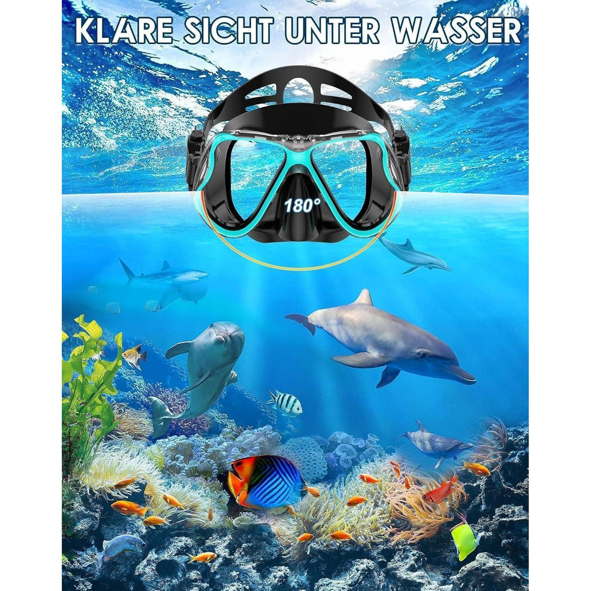Schnorchelset Erwachsene mit Flossen, Panorama Maske, Dry Top Schnorchel, Schwarzgrün L-XL