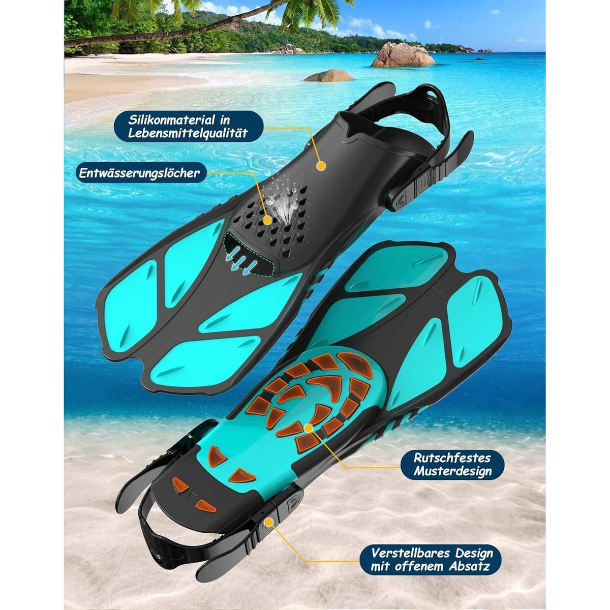 Schnorchelset Erwachsene mit Flossen, Panorama Maske, Dry Top Schnorchel, Schwarzgrün L-XL