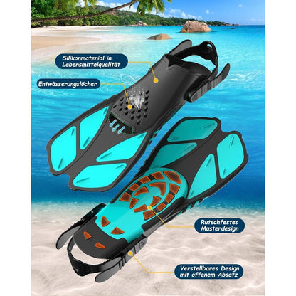 Schnorchelset Erwachsene mit Flossen, Panorama Maske, Dry Top Schnorchel, Schwarzgrün L-XL