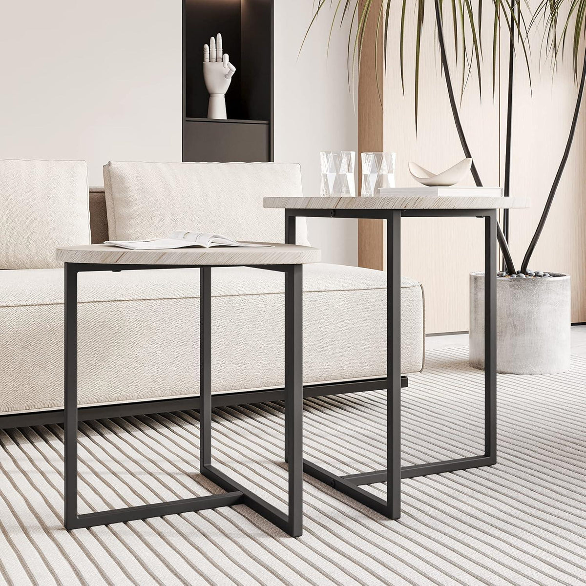 Runder Couchtisch 2er-Set stapelbare Beistelltische Holz-Metallgestell
