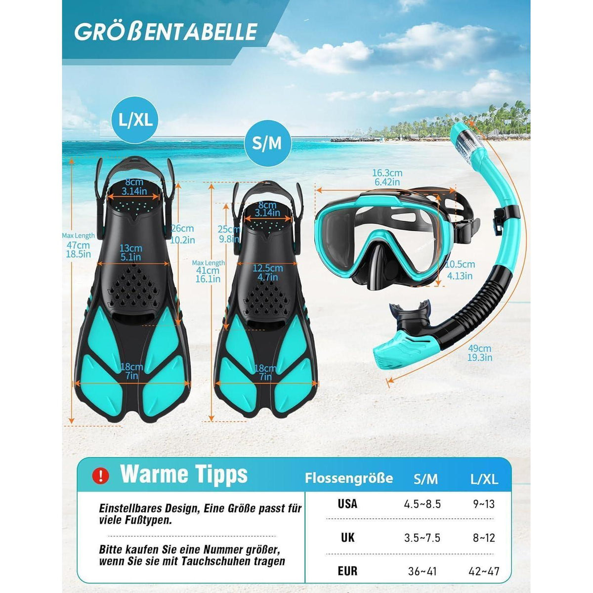 Schnorchelset Erwachsene mit Flossen, Dry Schnorchel & Anti-Fog Maske, L-XL Grün