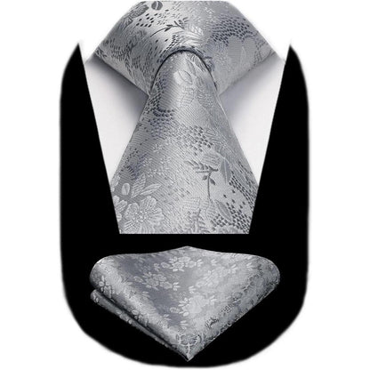 Krawatten-Set Seide mit Einstecktuch, Silber mit weißer Blume