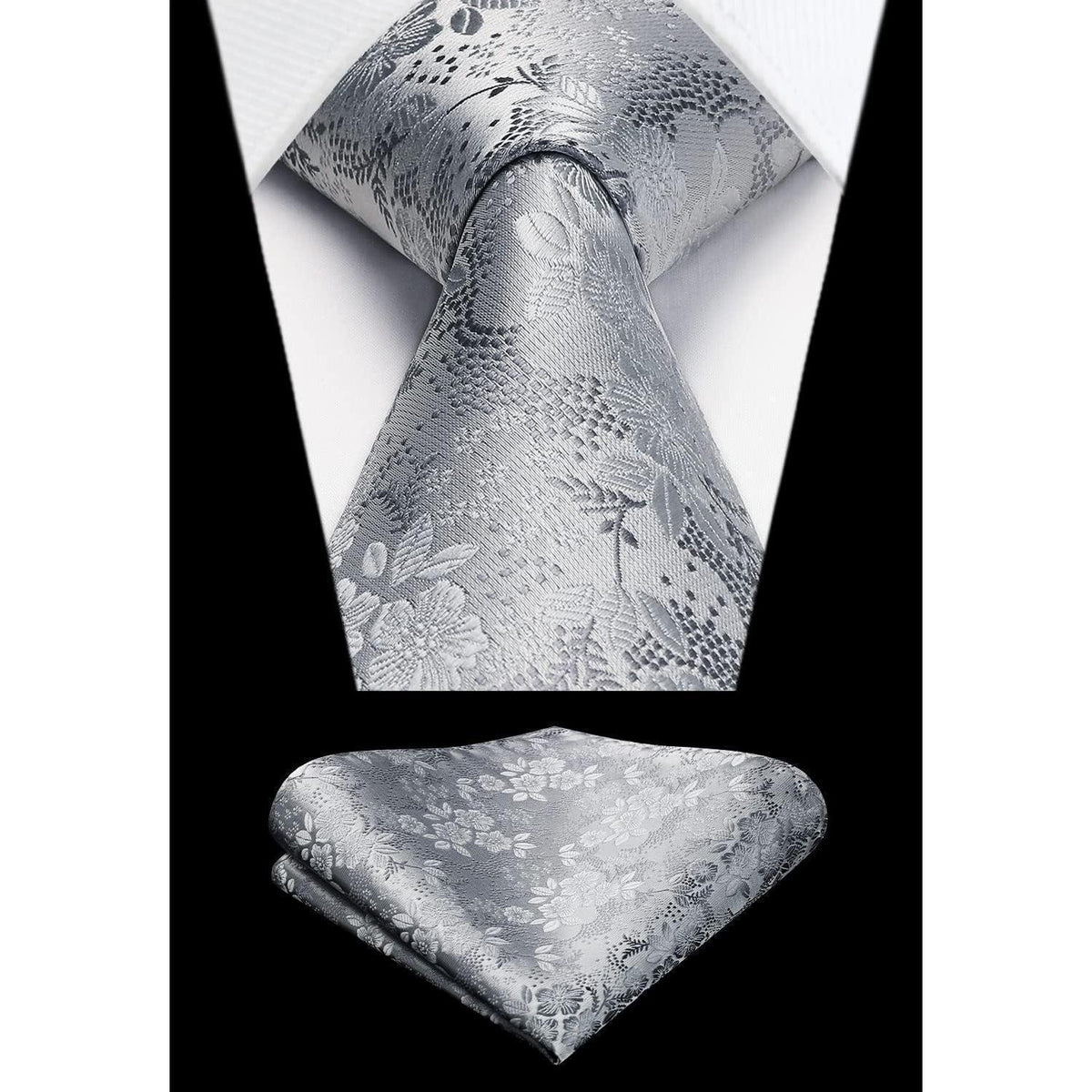 Krawatten-Set Seide mit Einstecktuch, Silber mit weißer Blume