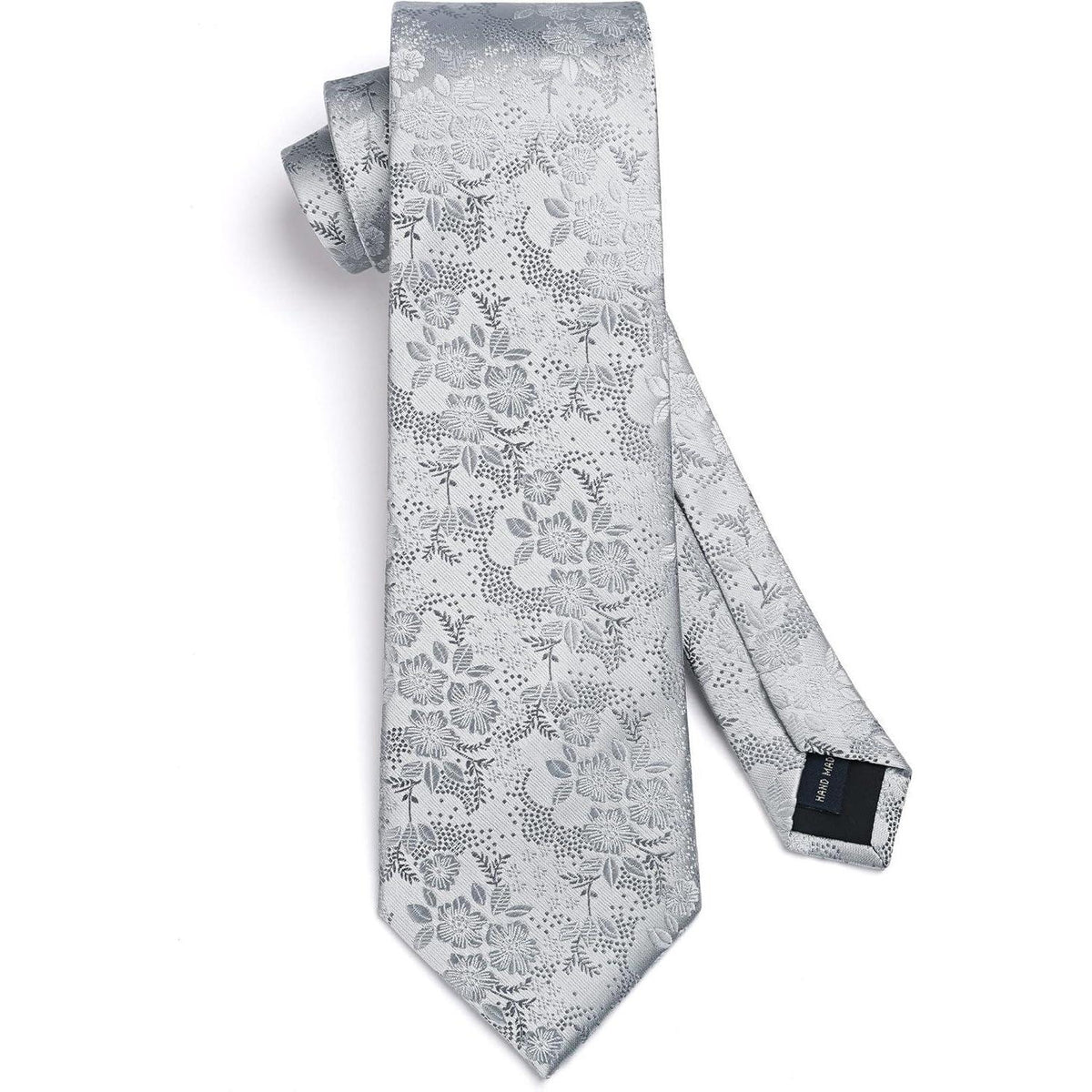 Krawatten-Set Seide mit Einstecktuch, Silber mit weißer Blume