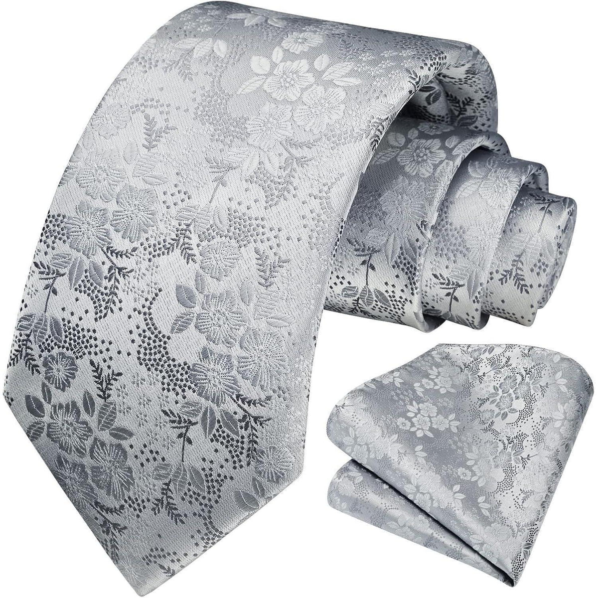 Krawatten-Set Seide mit Einstecktuch, Silber mit weißer Blume