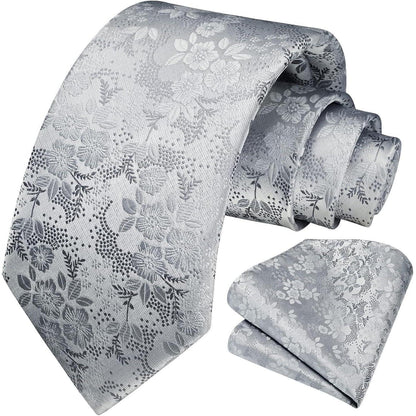 Krawatten-Set Seide mit Einstecktuch, Silber mit weißer Blume