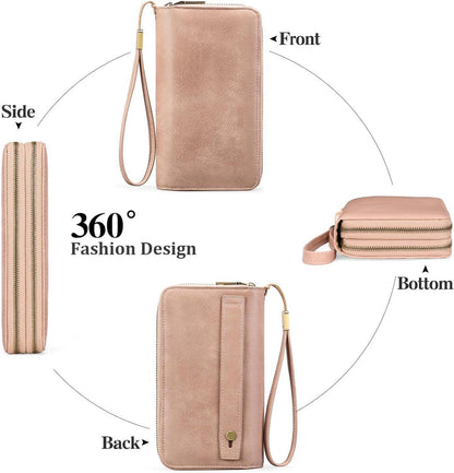GAEKEAO Damen Geldbörse groß veganes Leder Doppelreißverschluss RFID Clutch Typ1-rosa