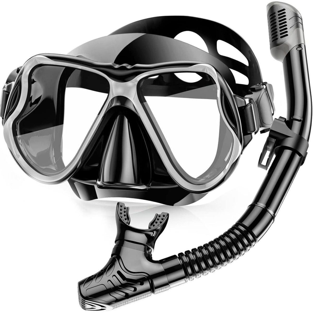 Schnorchelset Erwachsene mit Tauchmaske und Dry Schnorchel, Schwarz