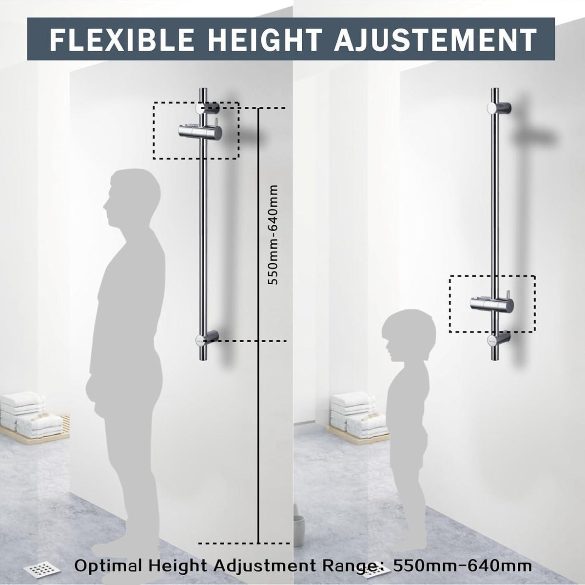 Verstellbare Edelstahl Duschstange 70cm mit Duschkopfhalterung
