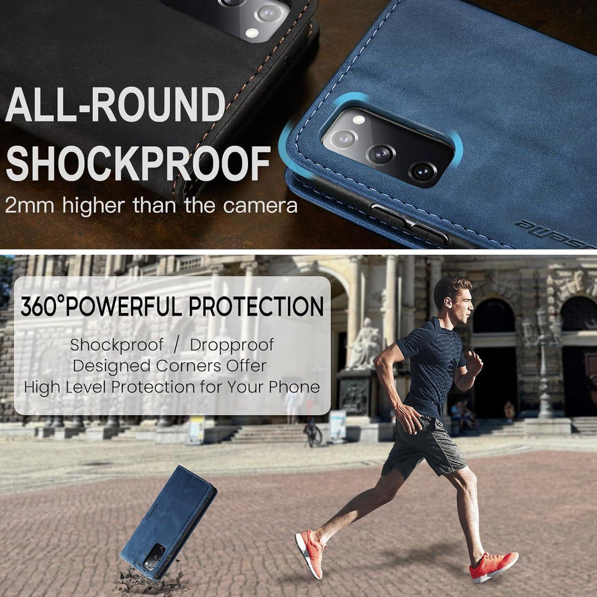 CaseMe Samsung Galaxy S20 FE 5G Premium Lederhülle Blau Flip Case Magnet