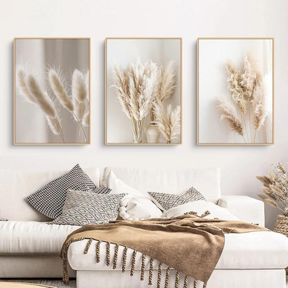 3er Poster Set Schilf – Boho Wandbilder Leinwand Beige
