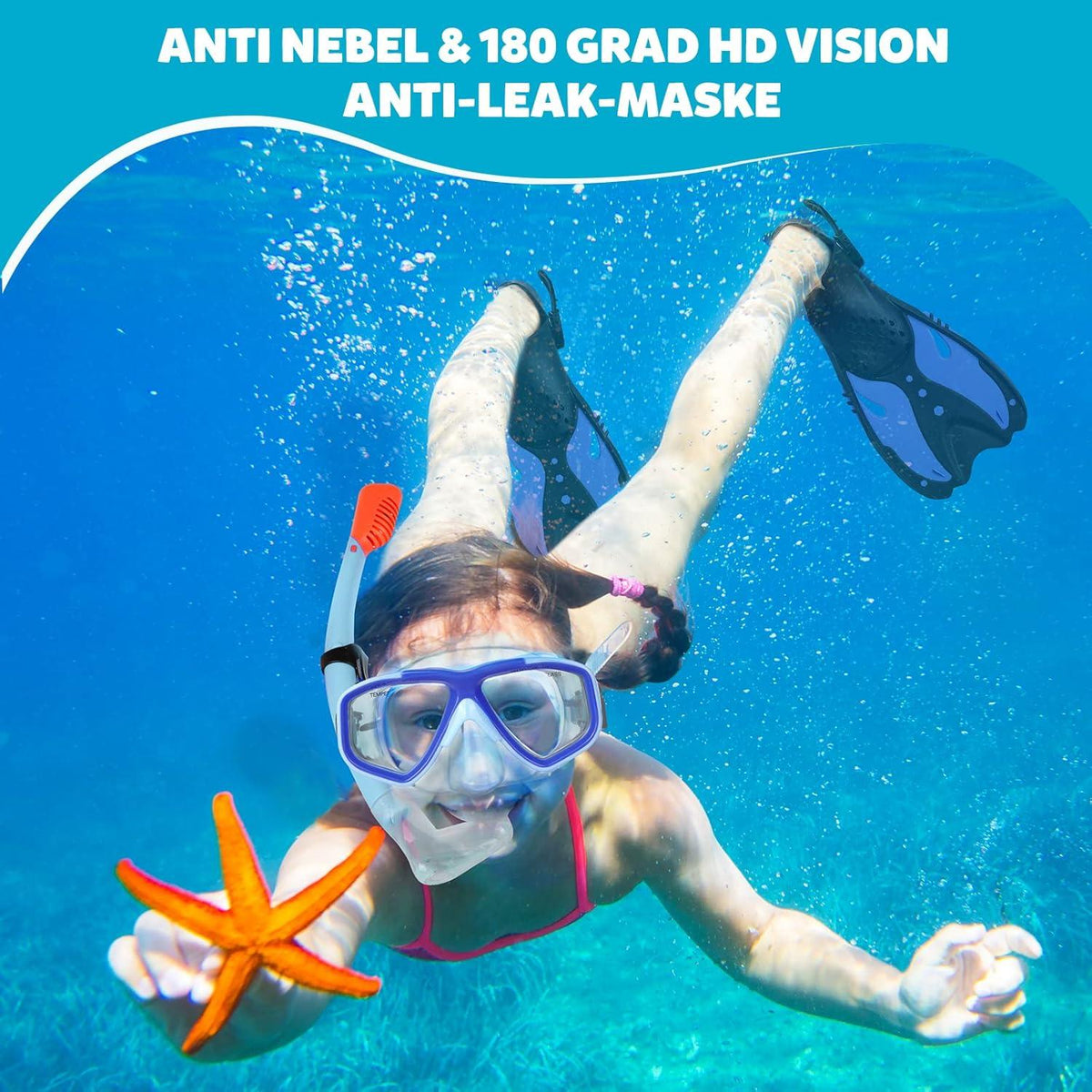 KUYOU Taucherbrille Kinder-Set 7-13 Jahre Schnorchel Schwimmbrille Blau