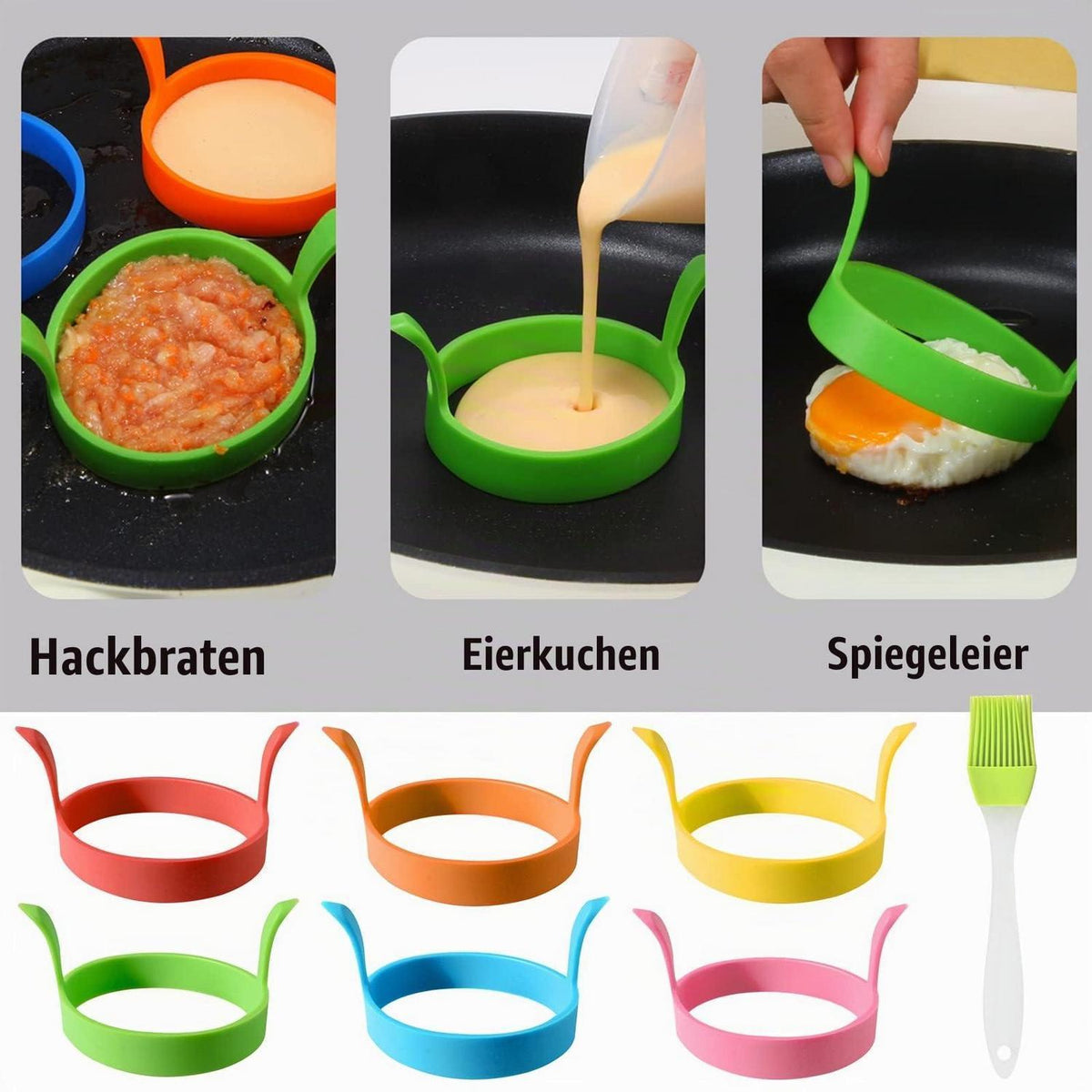6x Spiegeleiform Silikon - Eierringe mit Griff & Ölflaschenbürste