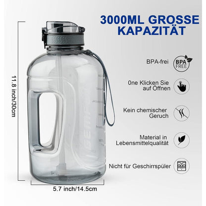 3L Sport-Trinkflasche mit Zeitmarkierung und Strohhalm (Grau)