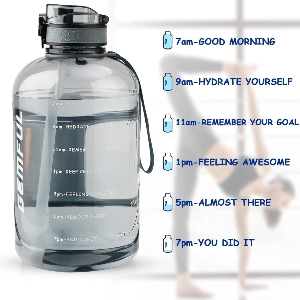 3L Sport-Trinkflasche mit Zeitmarkierung und Strohhalm (Grau)