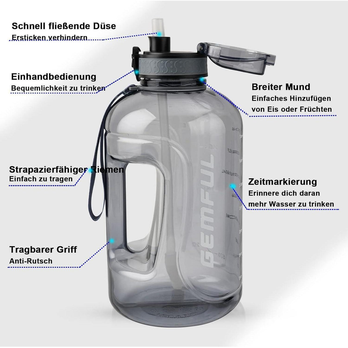 3L Sport-Trinkflasche mit Zeitmarkierung und Strohhalm (Grau)